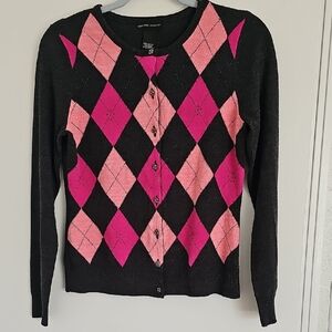 New York & Company Black and Pink Argyle Cardigan